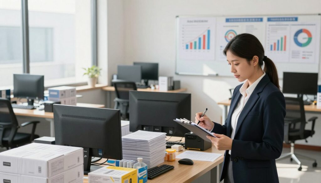 A business setting featuring a meticulously organized inventory stocktake. In the foreground, a professional in business attire carefully records items on a clipboard. The middle ground showcases a variety of office equipment and furniture, neatly arranged and clearly labeled, including computers, desks, chairs, and supplies. In the background, a large whiteboard displays charts and graphs related to asset valuation. The room is well-lit with natural light streaming through large windows, casting soft shadows. The atmosphere is focused and methodical, emphasizing the importance of a thorough liquidation inventory. The perspective is slightly angled, giving depth to the scene while maintaining a sense of order and professionalism.