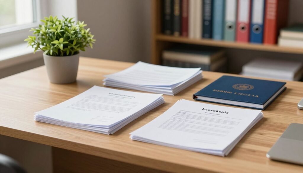 A clear and organized workspace featuring a wooden desk with a vibrant green plant to the side, emphasizing a professional atmosphere. On the desk, place a neatly arranged stack of official documents, including an original high school diploma or certificate, alongside a stack of photocopies marked as "kserokopia." Use soft, natural lighting coming from a window on the left, casting gentle shadows to enhance depth. In the background, a blurred bookshelf filled with academic textbooks and colorful binders can be seen, suggesting a scholarly environment. Ensure all elements convey a sense of diligence and care in preparing necessary documents for studies. The overall mood should be focused and reassuring, promoting accuracy in the application process.