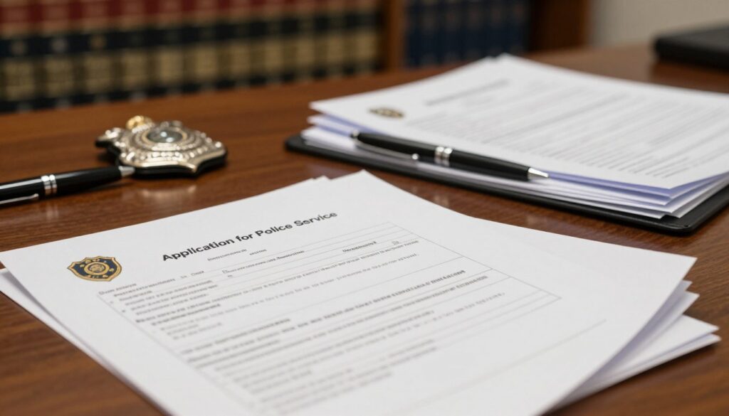 A close-up view of a stack of official police recruitment documents spread across a wooden desk. In the foreground, focus on a neatly organized folder labeled “Application for Police Service” with various forms and identification papers peeking out. In the middle ground, include a black pen and a police badge resting beside the folder, conveying the seriousness of the application process. The background features blurred shelves filled with law books, enhancing the professional atmosphere. Soft, warm lighting creates an inviting mood, while a shallow depth of field emphasizes the documents, ensuring clarity and focus. The overall feel should convey professionalism and preparation in an official context, without any human subjects or distracting elements.