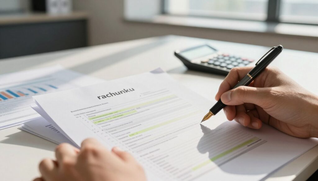 A close-up view of an elegantly designed financial document, featuring a detailed layout of "rachunku" with highlighted sections in a professional format. In the foreground, a pair of hands is shown holding a fountain pen, positioned above the document, ready to make notes. The background includes a softly blurred modern office environment with natural light streaming in through large windows, casting gentle shadows on the desk. Papers and a sleek calculator are scattered around, creating a sense of organized chaos. The atmosphere is focused and professional, capturing the essence of serious financial consideration. A warm color palette enhances the clarity of the details in the document without any text or watermarks, ensuring a clean presentation.