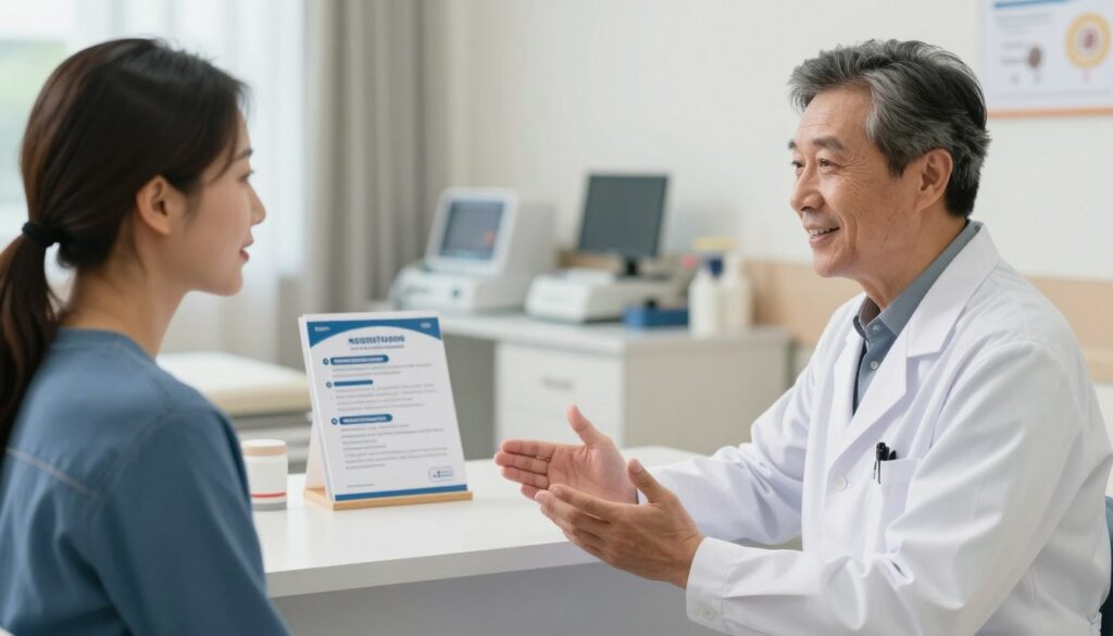 A compassionate healthcare professional in a modern clinic setting, actively engaged in discussing the benefits of bone marrow donation with a potential donor. The foreground features the professional, a middle-aged individual, dressed in a crisp white lab coat with a friendly demeanor. The donor, a young adult in smart casual clothing, listens attentively, showing interest and curiosity. In the middle ground, a well-organized desk with informational pamphlets about the registration and qualification process for becoming a donor is visible. The background shows soft-focus medical equipment and a welcoming clinic ambiance with warm, natural lighting, creating an inviting mood. The angle captures both individuals in a conversational pose, emphasizing connection and trust.