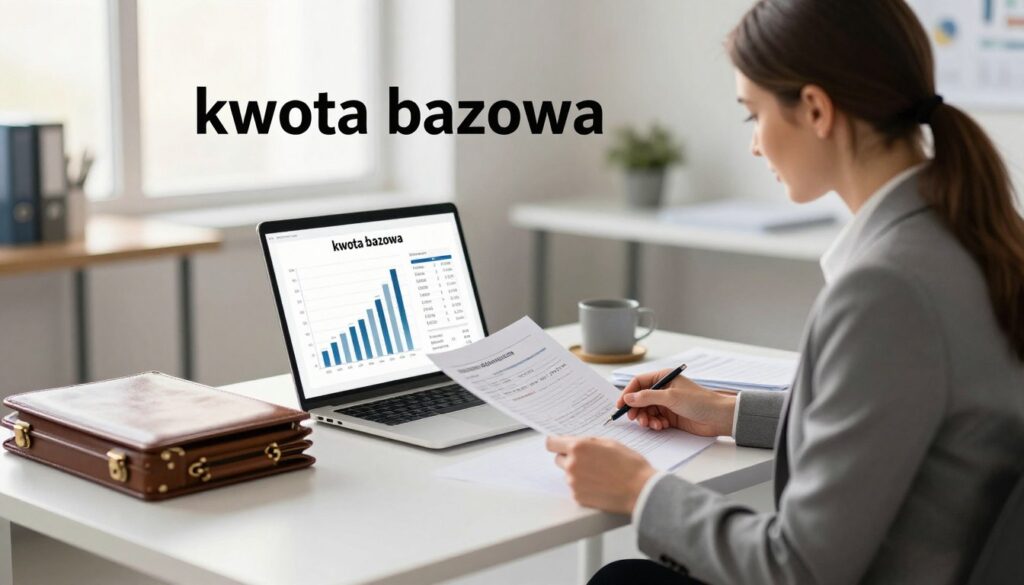 A conceptual illustration representing "kwota bazowa," set within a modern office environment. In the foreground, a diligent teacher in professional attire, reviewing financial documents on a sleek desk, embodies the essence of educational salaries. The middle ground features an open laptop displaying graphs and data charts about salary statistics and adjustments. Surrounding elements include briefcases and stacks of paperwork, emphasizing the professional context. The background showcases an office with large windows allowing warm, natural light to flood in, creating a productive atmosphere. The mood is focused and optimistic, reflecting the anticipated changes in budgeting for educators from January 2026. Use a soft focus lens for depth and an upward angle to convey importance in the composition. A conceptual illustration representing "kwota bazowa," set within a modern office environment. In the foreground, a diligent teacher in professional attire, reviewing financial documents on a sleek desk, embodies the essence of educational salaries. The middle ground features an open laptop displaying graphs and data charts about salary statistics and adjustments. Surrounding elements include briefcases and stacks of paperwork, emphasizing the professional context. The background showcases an office with large windows allowing warm, natural light to flood in, creating a productive atmosphere. The mood is focused and optimistic, reflecting the anticipated changes in budgeting for educators from January 2026. Use a soft focus lens for depth and an upward angle to convey importance in the composition.