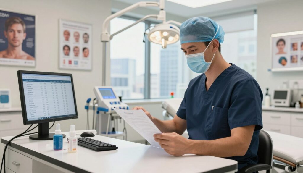 A confident plastic surgeon in a modern, well-equipped clinic, wearing professional scrubs and a surgical mask, examining a patient's chart. In the foreground, a sleek desk with medical instruments and a computer displaying financial charts related to plastic surgery earnings in 2024. The middle ground shows a bright, spacious examination room with state-of-the-art surgical tools, and medical posters highlighting various procedures. In the background, a large window letting in natural light, revealing a cityscape, symbolizing the busy life of a plastic surgeon in the USA. The atmosphere is professional yet inviting, with a focus on healthcare and income in an upscale environment. Soft, warm lighting enhances the ambiance, creating a sense of trust and professionalism.