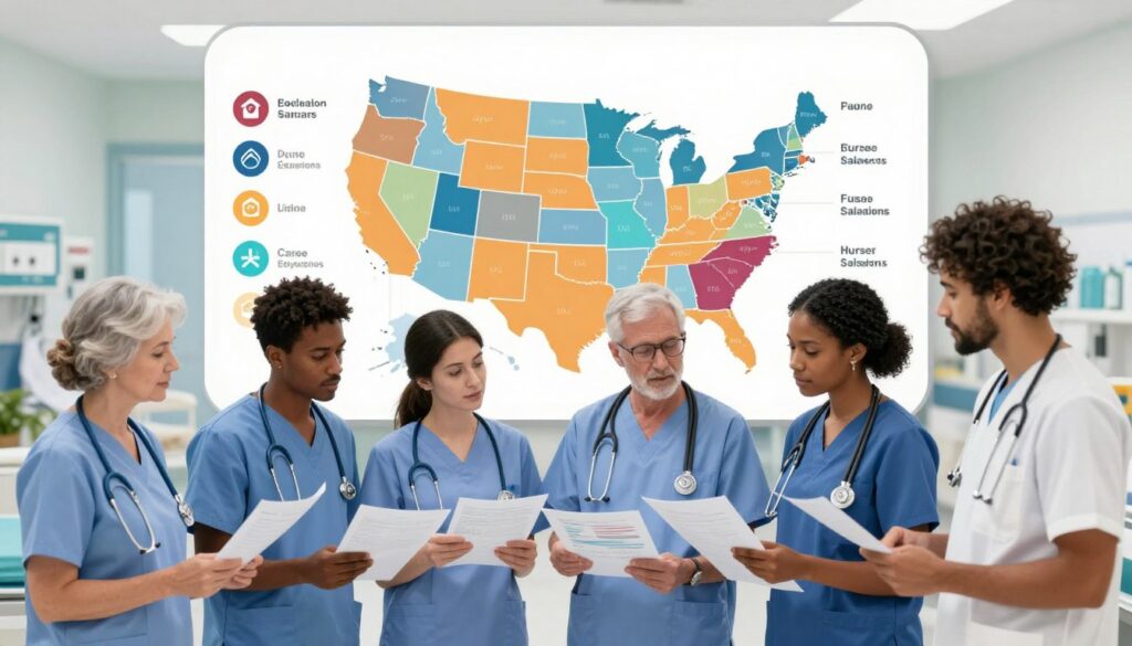 A detailed illustration depicting various factors influencing nurse salaries in the United States. In the foreground, a diverse group of nurses dressed in professional scrubs, representing different ethnicities and age groups, discussing charts and graphs that show salary variations across states. In the middle, a large chart highlights salary factors such as experience, education, location, and specialization, with icons symbolizing each factor. In the background, a hospital environment with blurred elements like patient care areas and medical equipment adds context. The lighting is bright and informative, suggesting a professional atmosphere. The composition conveys a sense of professionalism and collaboration, inviting the viewer to engage with the complexities of nurse compensation. A detailed illustration depicting various factors influencing nurse salaries in the United States. In the foreground, a diverse group of nurses dressed in professional scrubs, representing different ethnicities and age groups, discussing charts and graphs that show salary variations across states. In the middle, a large chart highlights salary factors such as experience, education, location, and specialization, with icons symbolizing each factor. In the background, a hospital environment with blurred elements like patient care areas and medical equipment adds context. The lighting is bright and informative, suggesting a professional atmosphere. The composition conveys a sense of professionalism and collaboration, inviting the viewer to engage with the complexities of nurse compensation.