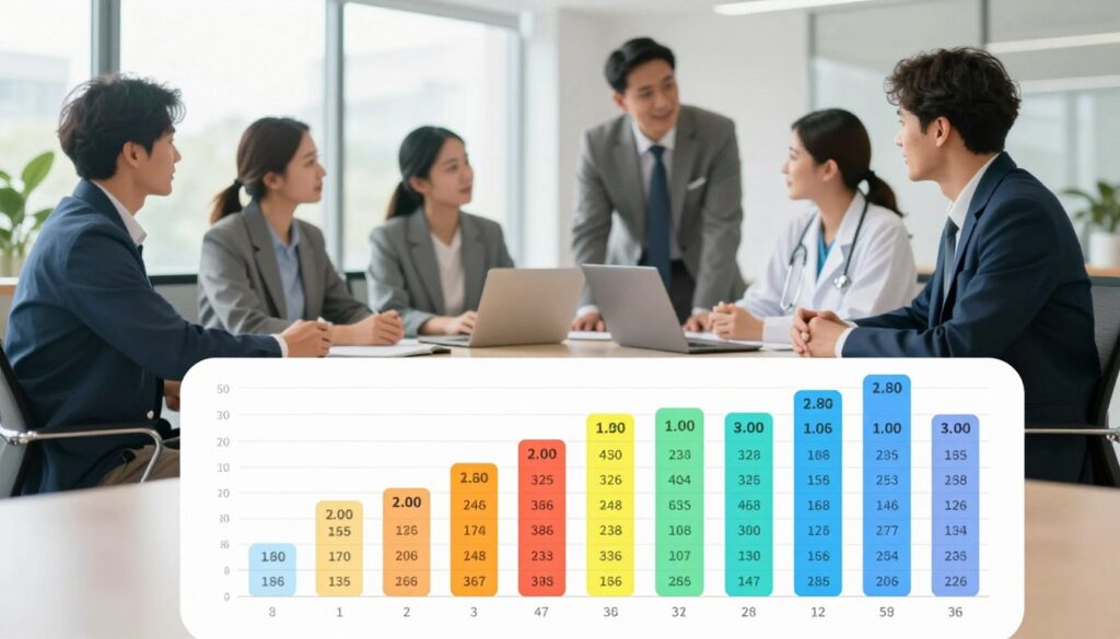 A detailed illustration of a healthcare salary scale chart, prominently displayed in the foreground. The chart should include various salary levels for healthcare professionals, such as nurses, doctors, and support staff, vividly represented with distinct colors for each category. In the middle, a modern office environment showcases healthcare professionals engaged in discussion, all wearing professional business attire, suggesting a collaborative and supportive atmosphere. The background features large windows with natural light streaming in, illuminating the space and creating an optimistic ambiance. The composition should have a professional tone, focusing on the importance of salary scales and regulatory impacts in the healthcare industry. The mood is one of empowerment and growth, highlighting the potential for career advancement.