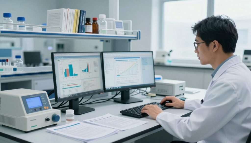 A detailed, professional workspace focused on assessing harmful factors for specific studies. In the foreground, a medical professional in a white lab coat examines a dataset on a computer, with charts and graphs showing risk assessments. The middle section features a large table cluttered with medical equipment and research papers related to harmful factors in various fields of study. In the background, a well-lit laboratory filled with shelves of medical texts and tools, radiating a sterile yet busy atmosphere. Soft, natural lighting streams through large windows, highlighting the importance of the research environment. The mood is serious and focused, emphasizing the significance of evaluating harmful factors in education for effective medical decisions.