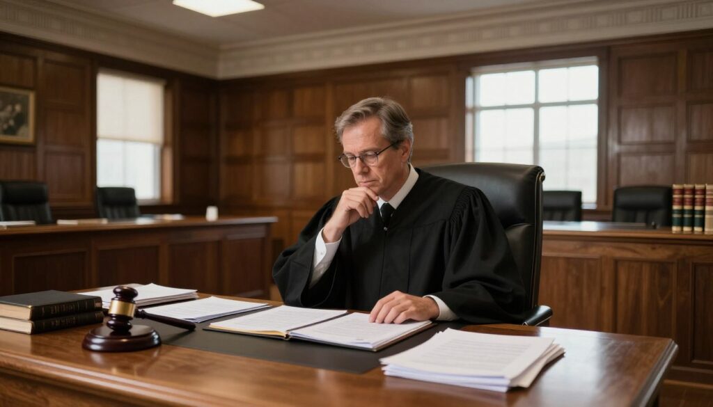 A dignified judge seated at a large wooden desk in a courtroom, surrounded by law books and legal documents. The foreground features the judge, a middle-aged person in a black robe, looking thoughtfully at open case files. The middle ground includes the desk cluttered with papers and a gavel, while the background reveals the courtroom's high ceiling, ornate wooden paneling, and a large window letting in soft, natural light. The atmosphere is serious and professional, capturing the weight of judicial responsibility. The lighting is warm, creating a balanced and inviting space, highlighting the solemnity of the judicial role. The angle is slightly elevated, providing a view of the entire scene while maintaining focus on the judge's contemplative expression. A dignified judge seated at a large wooden desk in a courtroom, surrounded by law books and legal documents. The foreground features the judge, a middle-aged person in a black robe, looking thoughtfully at open case files. The middle ground includes the desk cluttered with papers and a gavel, while the background reveals the courtroom's high ceiling, ornate wooden paneling, and a large window letting in soft, natural light. The atmosphere is serious and professional, capturing the weight of judicial responsibility. The lighting is warm, creating a balanced and inviting space, highlighting the solemnity of the judicial role. The angle is slightly elevated, providing a view of the entire scene while maintaining focus on the judge's contemplative expression.