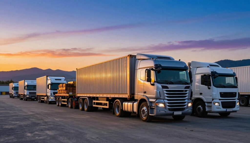 A diverse lineup of commercial trucks parked in a well-organized logistics yard, showcasing various models and cargo types. In the foreground, a sleek, modern tractor-trailer with a shiny metallic finish, towing a container, stands prominently. In the middle ground, additional trucks are seen; one loaded with construction materials, another carrying refrigerants. The background features a vibrant sunset casting warm golden light over the scene, creating a dynamic atmosphere. The landscape includes silhouettes of distant mountains and a clear blue sky transitioning to hues of orange and purple. The overall mood conveys professionalism and industriousness, highlighting the lucrative potential in the trucking industry.
