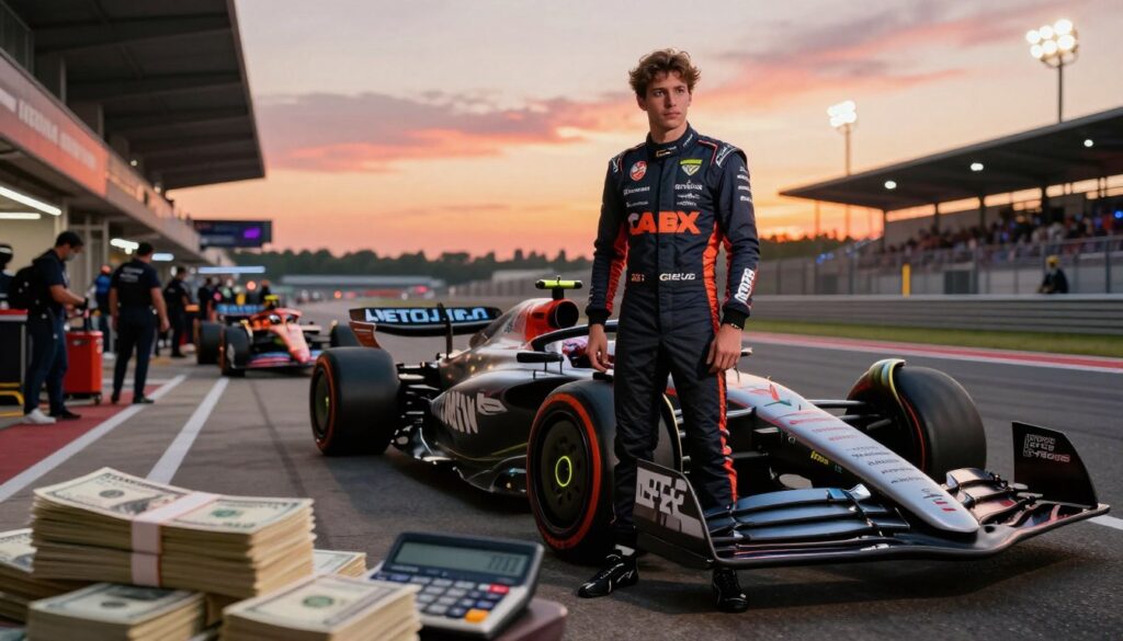 A dramatic scene showcasing a stylish Formula 1 driver in a professional racing suit, standing beside a sleek, modern race car emblazoned with sponsor logos. The driver's expression conveys determination and focus, symbolizing the high stakes of F1 contracts worth millions in 2025. In the foreground, stacks of dollar bills and a calculator indicate the financial aspects of a driver's earnings. The middle ground features a bustling pit lane with team members working on various cars, emphasizing the competitive atmosphere. In the background, a blurred racetrack under a vibrant sunset sky sets the tone, with bright stadium lights beginning to illuminate the scene, creating a dynamic and exciting mood. The composition should have a cinematic feel, captured with a wide-angle lens to enhance the depth and action.