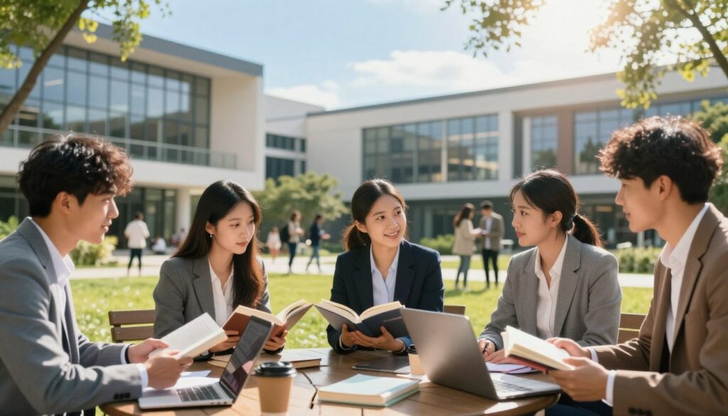A dynamic, inspirational scene showcasing the positive aspects of higher education. In the foreground, a diverse group of young professionals, dressed in smart business attire, engage in a lively discussion over books and laptops. In the middle, include a modern university campus with contemporary architecture, green spaces, and students collaborating and networking. In the background, a bright blue sky and sunlight filtering through trees create a warm and inviting atmosphere. Use soft, natural lighting to enhance the sense of optimism and growth, with a slight focus depth to draw attention to the engaged group in the foreground. Capture the essence of learning, collaboration, and career advancement. A dynamic, inspirational scene showcasing the positive aspects of higher education. In the foreground, a diverse group of young professionals, dressed in smart business attire, engage in a lively discussion over books and laptops. In the middle, include a modern university campus with contemporary architecture, green spaces, and students collaborating and networking. In the background, a bright blue sky and sunlight filtering through trees create a warm and inviting atmosphere. Use soft, natural lighting to enhance the sense of optimism and growth, with a slight focus depth to draw attention to the engaged group in the foreground. Capture the essence of learning, collaboration, and career advancement.