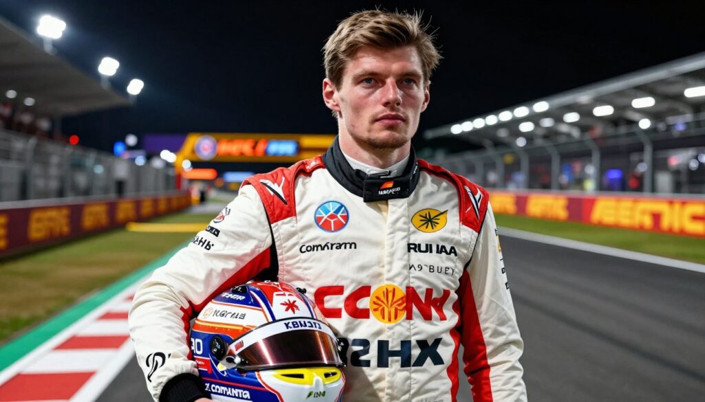 A dynamic portrait of Max Verstappen, the renowned Formula 1 driver, standing confidently in a sleek racing suit featuring his team's colors, with his helmet tucked under his arm. The background showcases a vibrant racetrack, illuminated by bright stadium lights, enhancing the thrilling atmosphere of a night race. His expression is focused and determined, embodying the spirit of competitive excellence. The foreground captures a close-up view with a slight angle, emphasizing his dedication and drive. Use soft, dramatic lighting to highlight his features while creating shadows that add depth, reflecting the high-stakes world of Formula 1 racing. The mood should convey excitement and professionalism, perfect for illustrating the top earnings in motorsport.