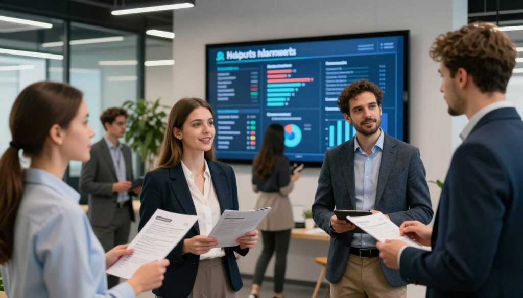 A dynamic scene illustrating the modern job market in Poland. In the foreground, a diverse group of professionals in business attire engages in a vibrant networking event. A young woman holds a resume, while a man discusses opportunities with a hiring manager. In the middle ground, a large digital board displays statistics and graphs about job trends and skills in demand. The background features a sleek office environment with contemporary design elements, including glass walls and greenery, conveying a professional atmosphere. The lighting is bright and inviting, enhancing the sense of optimism and opportunity. The camera angle is slightly elevated, capturing both the interactions and the informative backdrop, showcasing the contrast between employer expectations and graduate qualifications. A dynamic scene illustrating the modern job market in Poland. In the foreground, a diverse group of professionals in business attire engages in a vibrant networking event. A young woman holds a resume, while a man discusses opportunities with a hiring manager. In the middle ground, a large digital board displays statistics and graphs about job trends and skills in demand. The background features a sleek office environment with contemporary design elements, including glass walls and greenery, conveying a professional atmosphere. The lighting is bright and inviting, enhancing the sense of optimism and opportunity. The camera angle is slightly elevated, capturing both the interactions and the informative backdrop, showcasing the contrast between employer expectations and graduate qualifications.