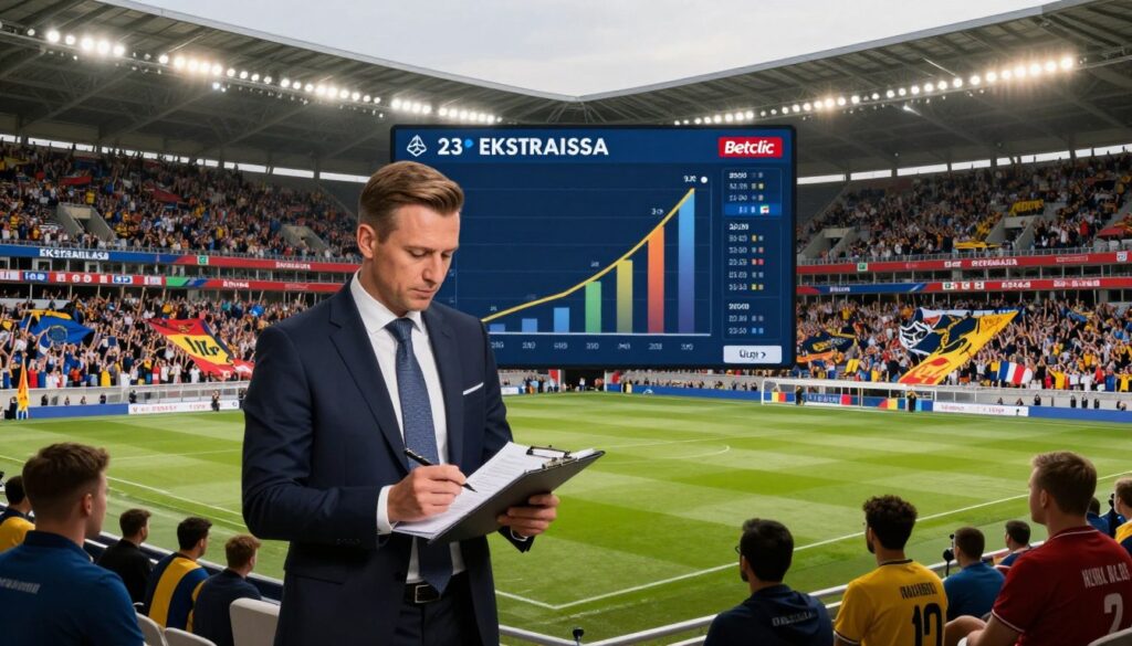 A dynamic split-scene image contrasting Ekstraklasa and Betclic 1 Liga football environments. In the foreground, a well-dressed sports analyst stands with a clipboard, analyzing player salaries, wearing a smart blazer and tie. On the left, the vibrant stadium of Ekstraklasa filled with cheering fans, clearly showing team colors. On the right, a smaller, intimate Betclic 1 Liga stadium, showcasing passionate local supporters. In the middle ground, a sleek digital graph illustrating salary comparisons rises between the two stadiums, with a focus on player contracts. Warm stadium lighting enhances the atmosphere, creating an engaging mood of competition and professionalism. The perspective should be slightly elevated, giving a complete view of the contrasting scenes without any text or logos.