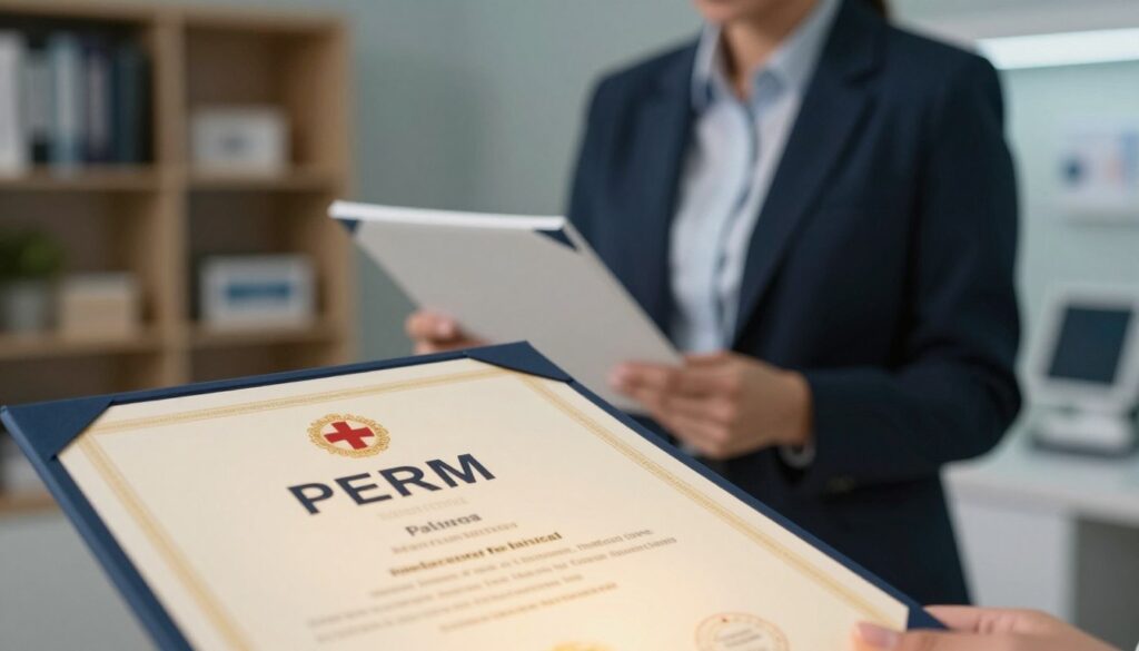 A focused and informative image representing the concept of "PERM" in the context of medical qualifications. In the foreground, display an illuminated certificate with the word "PERM" prominently featured, symbolizing the official recognition in emergency medical services. In the middle ground, include a medical professional in professional business attire, reviewing the certificate under soft, warm lighting to convey a sense of achievement and professionalism. In the background, depict a modern medical training environment with bookshelves and medical equipment, subtly out of focus to emphasize the foreground subjects. The overall atmosphere should feel encouraging and motivational, inspiring future paramedics embarking on their journey in the medical field. Use a balanced composition, preferably shot from a slight angle to create depth.