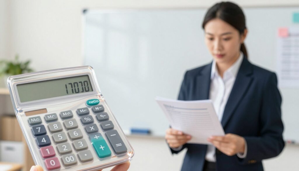 A focused and professional image illustrating the concept of “netto” in the context of a teacher’s salary. In the foreground, depict a transparent calculator displaying numeric values with a visible focus on "netto" highlighted in bold. In the middle, show a well-dressed teacher, standing confidently and holding a stack of papers, representing salary documentation. The teacher should appear analytical, wearing smart business attire, as they review financial figures with a thoughtful expression. In the background, include a blurred classroom setting with educational materials and a whiteboard, suggesting a professional environment. Use soft, natural lighting to create an inviting atmosphere, captured from a slightly elevated angle to enhance the depth of the scene.