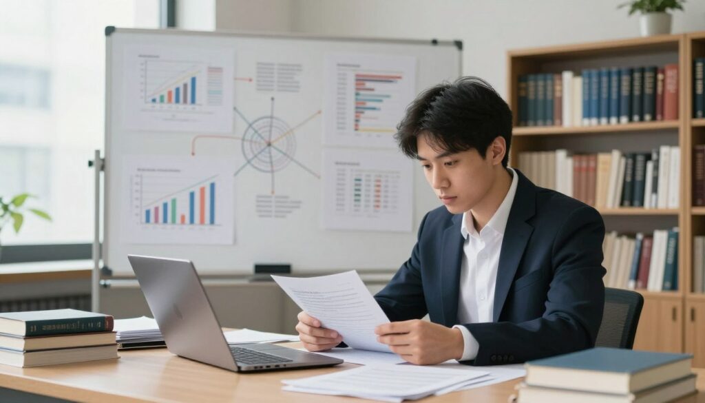 A focused doctoral student in a modern academic setting, conducting research at a cluttered desk filled with papers, books, and a laptop. The foreground features the student, a young person wearing professional business attire, deeply engaged in reading notes and analyzing data. In the middle ground, a large whiteboard filled with complex diagrams and graphs illustrates advanced research concepts. The background shows shelves of scholarly books and a window letting in soft, natural light, creating an atmosphere of concentration and dedication. The overall mood is serious and studious, capturing the essence of graduate studies and the responsibilities of a doctoral candidate, with a slight depth of field effect to emphasize the subject.