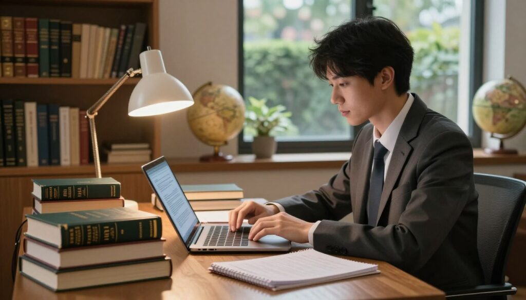 A focused student sitting at a wooden desk surrounded by books and legal study materials, illuminated by warm, soft lighting from a desk lamp. In the foreground, a stack of law textbooks and notebooks are neatly arranged, with a laptop open displaying legal research. In the background, a cozy study room filled with shelves of books, a globe, and a window showing a leafy garden outside, adding a touch of nature. The atmosphere is calm and inviting, suggesting readiness and determination for the law studies ahead. The student, a young adult in professional business attire, demonstrates focus and ambition, immersed in preparation for their legal education. The image captures the essence of academic dedication and the journey toward becoming a lawyer.