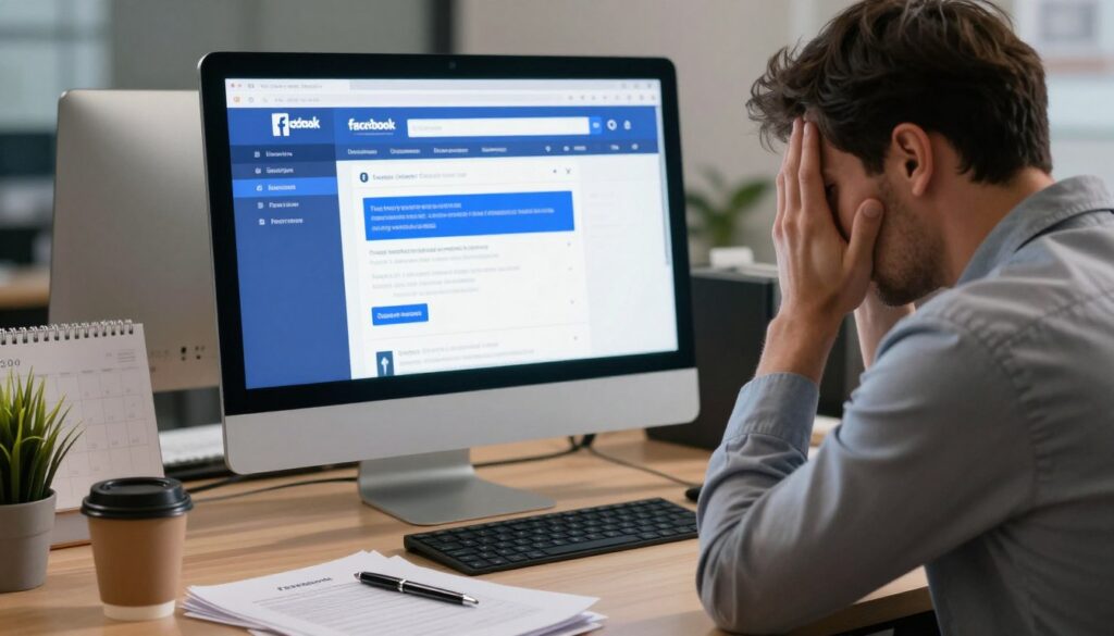 A frustrated business owner sitting at a desk, looking at a computer screen displaying a Facebook business page with a notification about a failed name change request. The foreground features documents and a coffee cup scattered with a pen nearby, reflecting a sense of urgency and stress. In the middle, the computer screen glows, showing the Facebook interface with highlighted error messages in a vibrant blue. The background has subtle elements of an office, like a calendar and potted plant, creating a professional atmosphere. Soft, focused lighting highlights the subject's expression of confusion, while the overall mood conveys a mix of determination and frustration in navigating common issues related to changing a business name on social media.