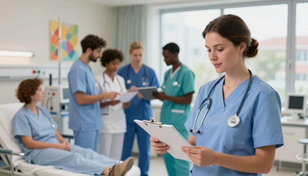 A high-quality, realistic scene depicting a nurse in a modern hospital setting in Germany. The foreground features a professional female nurse in scrubs, thoughtfully reviewing a patient chart, conveying dedication and professionalism. In the middle ground, a diverse group of nurses collaborate in a teamwork atmosphere, discussing cases and analyzing data. The background shows a well-lit hospital room with advanced medical equipment and vivid artwork on the walls, creating a warm, inviting environment. Soft, natural light filters through large windows, adding a serene ambiance. Capture the essence of regional differences in nursing salaries, highlighted by various symbols of German cities, subtly integrated into the scene. The overall mood is informative, professional, and optimistic, embodying the nursing profession in Germany.