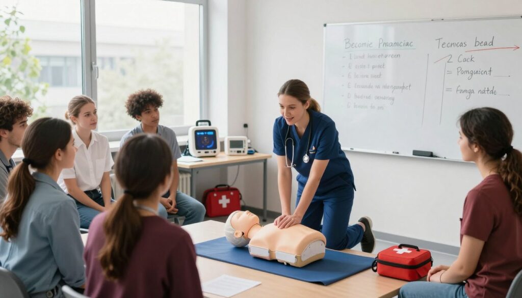 A medical rescue training scene set in a modern, well-lit classroom in Poland. In the foreground, a group of diverse students in professional casual attire, including women and men of various ethnicities, are attentively watching an instructor demonstrate CPR on a manikin. The instructor, dressed in a medical uniform, is animatedly explaining each step, creating an engaged atmosphere. The middle ground features medical equipment like AEDs and first aid kits on desks, while a large whiteboard displays key points about becoming a paramedic. The background showcases large windows with natural light streaming in, giving a bright and hopeful ambience. The overall mood is focused and inspiring, representing the journey towards becoming a medical rescuer.