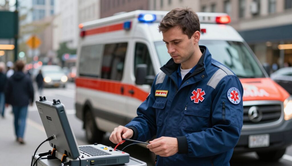 A medical rescuer standing confidently in a busy urban environment, dressed in professional medical attire including a distinct jacket marked with emergency medical insignia. In the foreground, the rescuer is examining a medical device, embodying determination and focus. The middle ground features an ambulance parked with its emergency lights on, showcasing a sense of urgency. The background displays a city street, bustling with activity, hinting at the challenges of the profession. Ambient daylight filters through, highlighting the rescuer’s features and the details of the equipment. The atmosphere radiates professionalism and dedication, capturing the essence of a critical healthcare role.