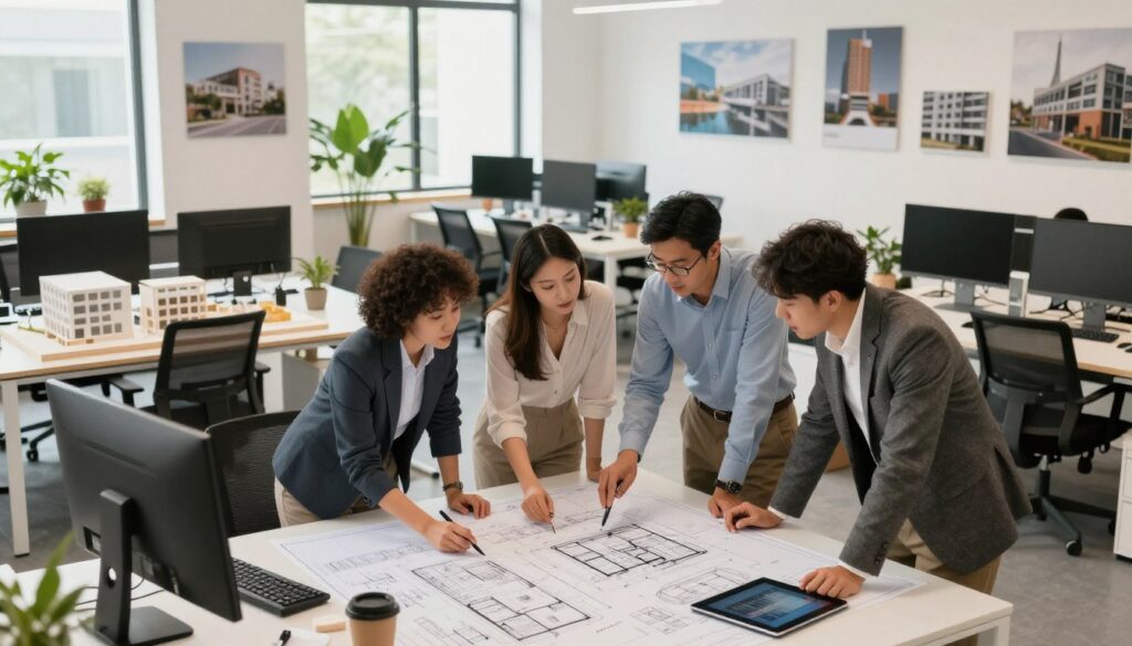 A modern architectural design office bustling with activity. In the foreground, a diverse group of three professional architects, dressed in smart business attire, collaborates around a large drafting table covered with blueprints, sketches, and digital tablets, focused and engaged in discussion. In the middle ground, sleek desks with computers and architectural models showcase an array of design projects. The background features large windows allowing natural light to flood the space, accentuating a minimalist aesthetic with greenery and inspirational architectural photos on the walls. The atmosphere is vibrant and productive, reflecting a creative work environment. Capture this scene with bright, soft lighting for a warm and inviting feel, using a slightly elevated angle to encompass the collaborative energy.