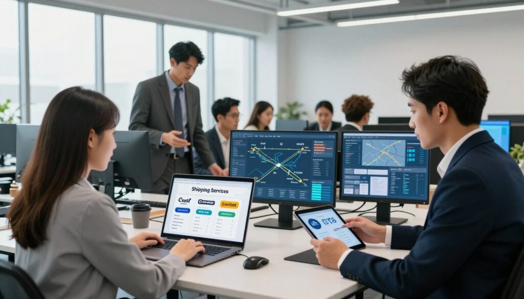 A modern digital workspace featuring a diverse group of professionals in business attire, focused on comparing shipping services on computer screens. In the foreground, a woman examines various courier service logos and pricing on her laptop, while a man beside her compares options on a tablet. In the middle ground, additional team members collaborate in discussions, surrounded by visualizations of delivery routes and data analytics. The background showcases a bright, open office with large windows allowing natural light to flood in, emphasizing a productive atmosphere. The mood is dynamic and engaged, reflecting teamwork and efficiency in the process of selecting courier services. Shot with a wide-angle lens to capture the entire scene, with clear, crisp lighting that adds a professional touch.