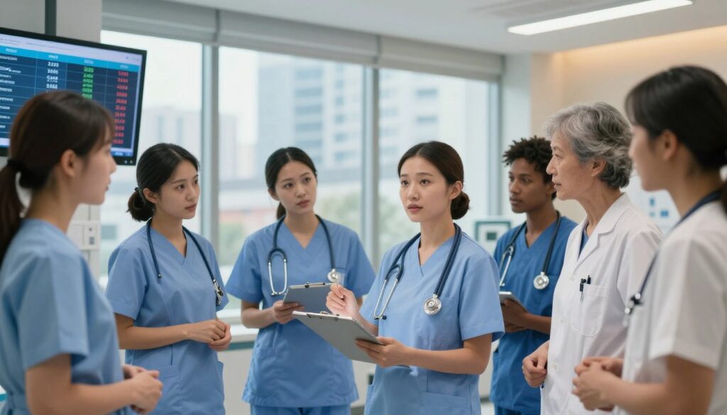 A modern hospital setting in 2025, showcasing a diverse group of nurses in professional attire engaged in thoughtful discussion around a digital display showing salary data. In the foreground, a focused nurse with a clipboard and a tablet is explaining statistics to her colleagues. The middle ground features a large, bright window revealing a bustling cityscape outside, highlighting the connection between healthcare and urban life. The background includes medical equipment and a warm, ambient lighting that creates a professional yet inviting atmosphere. The scene captures the essence of teamwork and the financial aspects of nursing, conveying a sense of dedication and professionalism, with an overarching theme of economic awareness in the healthcare sector.