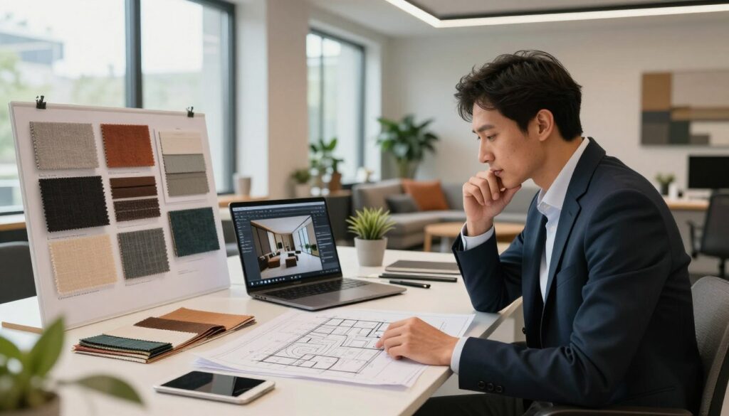 A modern interior design office scene, focusing on a professional interior architect examining architectural plans spread across a sleek desk. In the foreground, a well-dressed architect, wearing smart business attire, intently reviews designs with a thoughtful expression. The middle ground features mood boards, fabric samples, and a laptop displaying 3D design software, all artfully arranged. In the background, large windows allow natural light to flood the space, illuminating stylish design elements like contemporary furniture and potted plants. The atmosphere is vibrant yet professional, showcasing a blend of creativity and sophistication, inviting viewers into the world of interior architecture and the dynamics influencing salary and project rates. Soft, warm lighting enhances the inviting ambiance of the modern office.