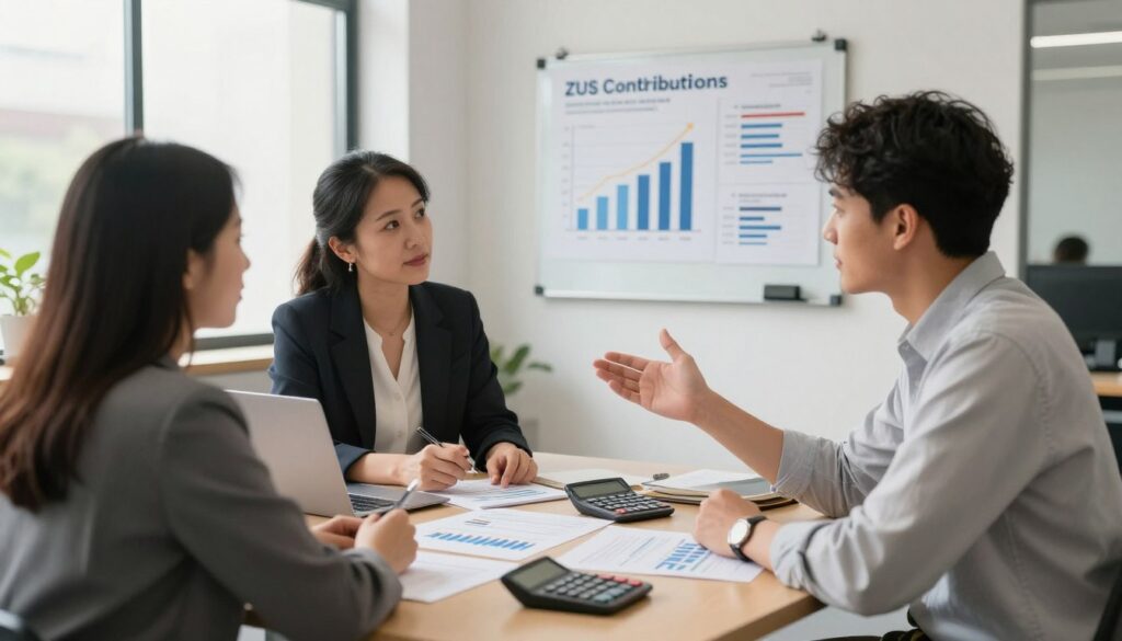 A modern office setting focused on entrepreneurship, featuring a diverse group of three professionals engaged in discussion. In the foreground, a middle-aged woman in business attire is explaining ZUS contributions to a young man equally dressed in smart casuals. The table is cluttered with calculators, documents, and charts illustrating financial data. The middle ground showcases a wall-mounted board with graphs depicting business growth and ZUS benefits for startups. In the background, a large window lets in soft, natural light, giving the room an upbeat and motivating atmosphere. The composition should convey a sense of collaboration and professionalism, emphasizing the supportive environment for new entrepreneurs navigating their financial responsibilities. A modern office setting focused on entrepreneurship, featuring a diverse group of three professionals engaged in discussion. In the foreground, a middle-aged woman in business attire is explaining ZUS contributions to a young man equally dressed in smart casuals. The table is cluttered with calculators, documents, and charts illustrating financial data. The middle ground showcases a wall-mounted board with graphs depicting business growth and ZUS benefits for startups. In the background, a large window lets in soft, natural light, giving the room an upbeat and motivating atmosphere. The composition should convey a sense of collaboration and professionalism, emphasizing the supportive environment for new entrepreneurs navigating their financial responsibilities.