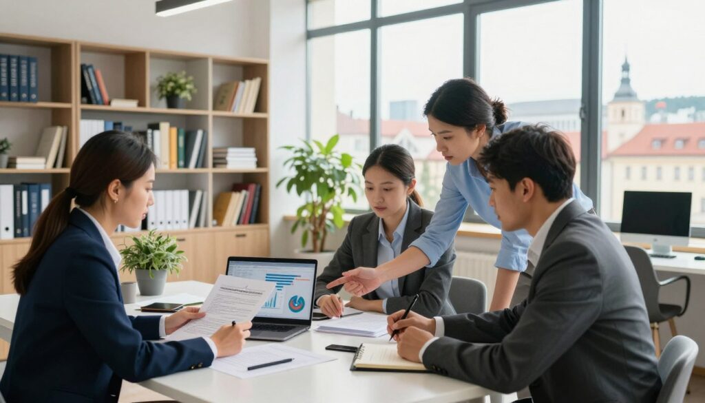A modern office setting focused on entrepreneurship in the Czech Republic. In the foreground, a diverse group of three professionals in business attire is gathered around a sleek conference table, discussing plans while examining documents. One person is pointing at a laptop screen displaying financial charts, while another takes notes. In the middle layer, shelves filled with business books and a potted plant create a vibrant workspace atmosphere. The background features large windows with natural light streaming in, showcasing a view of Prague’s skyline with historical buildings and modern structures. The mood is collaborative and motivated, emphasizing the excitement and challenges of starting a business in a dynamic environment. The lighting is bright and uplifting, enhancing the professional setting. A modern office setting focused on entrepreneurship in the Czech Republic. In the foreground, a diverse group of three professionals in business attire is gathered around a sleek conference table, discussing plans while examining documents. One person is pointing at a laptop screen displaying financial charts, while another takes notes. In the middle layer, shelves filled with business books and a potted plant create a vibrant workspace atmosphere. The background features large windows with natural light streaming in, showcasing a view of Prague’s skyline with historical buildings and modern structures. The mood is collaborative and motivated, emphasizing the excitement and challenges of starting a business in a dynamic environment. The lighting is bright and uplifting, enhancing the professional setting.