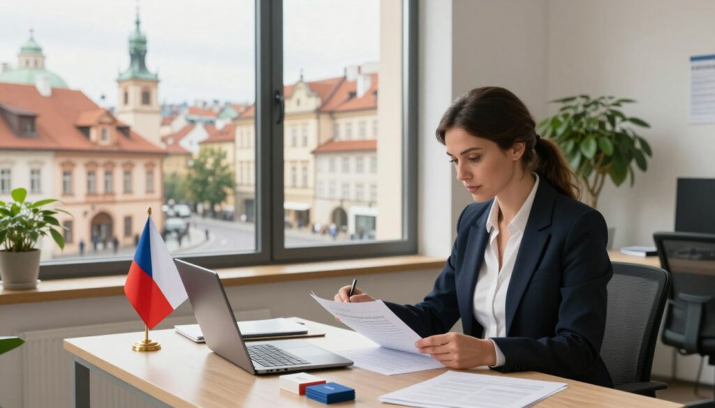 A modern office setting in Prague, showcasing the concept of a business address in the Czech Republic. In the foreground, a professional businesswoman in a smart attire is reviewing documents at a desk filled with a laptop, business cards, and a Czech flag. The middle ground features a large window displaying a view of Prague's architecture, including historic buildings and cobblestone streets. Soft, natural light floods the room, creating a warm and inviting atmosphere. In the background, a green indoor plant adds a touch of nature, symbolizing growth and stability. The angle is slightly wide to capture both the interior and the view outside, conveying the essence of establishing a business in a vibrant cultural hub. A modern office setting in Prague, showcasing the concept of a business address in the Czech Republic. In the foreground, a professional businesswoman in a smart attire is reviewing documents at a desk filled with a laptop, business cards, and a Czech flag. The middle ground features a large window displaying a view of Prague's architecture, including historic buildings and cobblestone streets. Soft, natural light floods the room, creating a warm and inviting atmosphere. In the background, a green indoor plant adds a touch of nature, symbolizing growth and stability. The angle is slightly wide to capture both the interior and the view outside, conveying the essence of establishing a business in a vibrant cultural hub.
