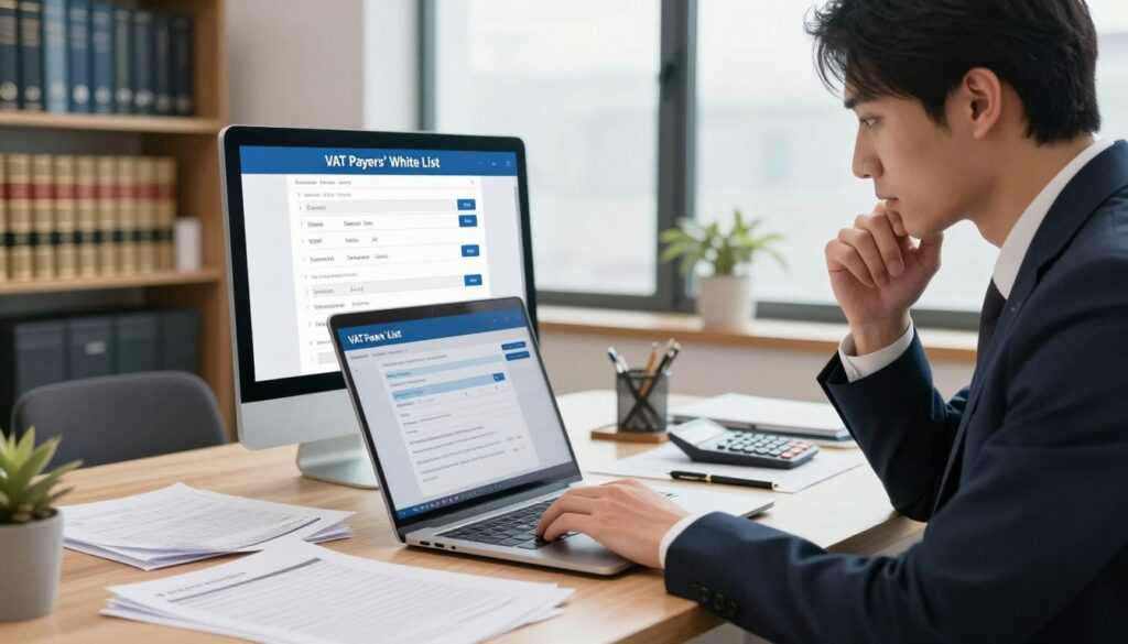 A modern office setting with a computer screen displaying a "VAT Payers' White List" interface. In the foreground, a professional individual in business attire is focused on the laptop, examining the VAT registration status. The person has a thoughtful expression, emphasizing the importance of ensuring compliance. In the middle ground, a desk is cluttered with documents, tax forms, and a calculator, adding to the business ambiance. The background features a well-organized workspace with shelves of legal books and a large window letting in natural light, creating a professional and motivating atmosphere. The overall mood of the image is serious and diligent, capturing the essence of financial responsibility and business compliance.