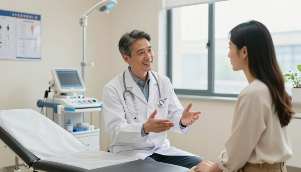 A modern private clinic interior, showcasing a busy plastic surgery consultation room. In the foreground, a well-dressed plastic surgeon discusses treatment options with a patient, both appearing engaged and professional. The surgeon, a middle-aged Caucasian male with a friendly demeanor, wears a tailored white coat and a stethoscope around his neck. The patient, a young Asian woman, is dressed in smart casual attire, looking attentive. In the middle ground, medical equipment and charts are neatly arranged, contributing to a clinical atmosphere. The background features large windows with natural light streaming in, illuminating the room with a warm and inviting glow. The overall mood is one of professionalism, trust, and hope for transformation.
