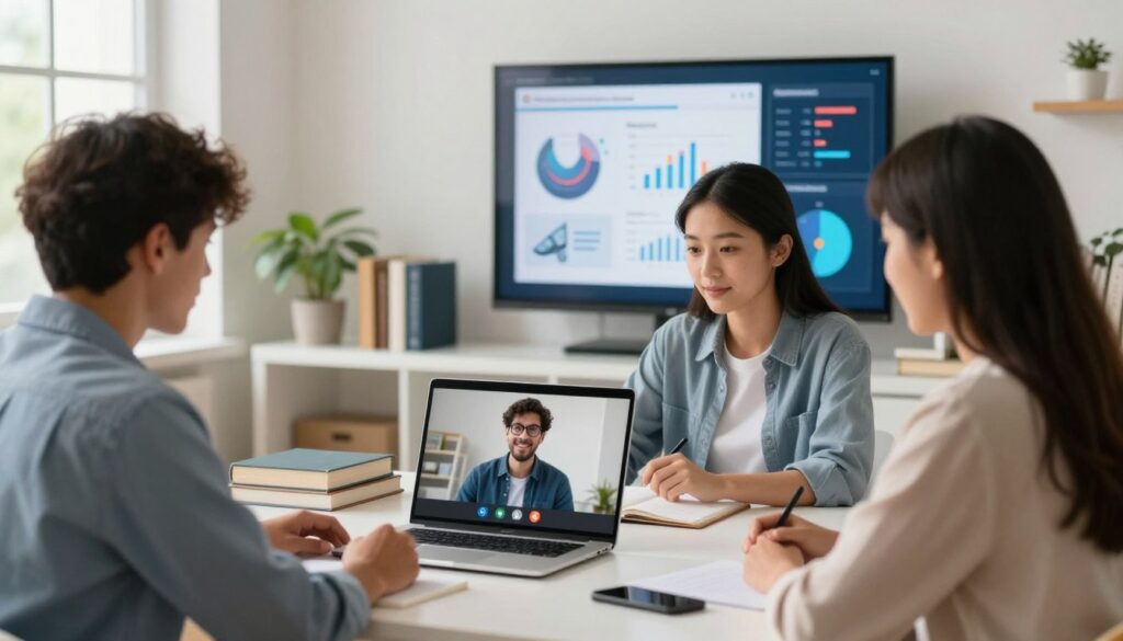 A modern, professional online learning environment showcasing distance education. In the foreground, a diverse group of three students, one male and two female, engaged in a video conference on a laptop, dressed in smart casual attire. The middle features a bright, well-organized study space with books and a plant, symbolizing knowledge and growth. The background portrays a digital screen displaying educational materials and interactive graphs, creating a sense of technological advancement. Soft, natural light filters through a window, casting a warm glow, suggesting a calm and focused atmosphere conducive to learning. The overall mood reflects professionalism and the accessibility of online education in today's digital age.