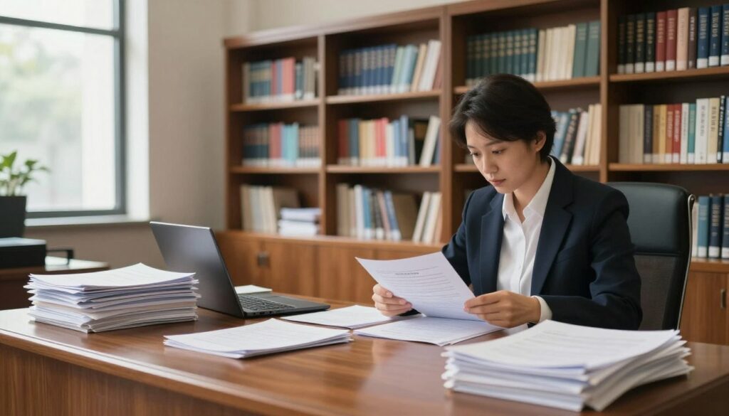 A modern university dean's office setting, with a polished wooden desk and organized stacks of academic documents. In the foreground, a professional individual in business attire is sorting through papers, appearing focused and dedicated. The middle ground features a large, ornate bookshelf filled with books and academic resources. In the background, large windows let in natural light, casting soft shadows that create a warm and inviting atmosphere. The overall mood is one of professionalism and diligence, reflecting a bustling yet organized environment where important documents are processed after student admissions. The lens perspective is from a slight angle to capture both the desk and the bookshelves, with a soft focus on the individual working.