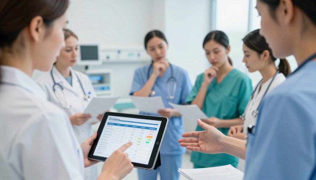 A nurse in a modern hospital setting, dressed in professional scrubs, is discussing various types of financial bonuses and allowances with a small group of colleagues. In the foreground, a close-up on a nurse’s hands gestures toward a tablet displaying a detailed chart of nurse salaries in Germany, highlighting bonuses and additional compensations. The middle ground features nurses engaging in conversation, with thoughtful expressions as they examine paperwork and supportive documents. The background shows a bright, well-lit hospital environment with medical equipment and soothing colors, conveying a sense of professionalism and teamwork. The mood is one of discussion and camaraderie, emphasizing the importance of understanding financial benefits in the nursing profession. Soft, natural lighting enhances the clarity and warmth of the scene.