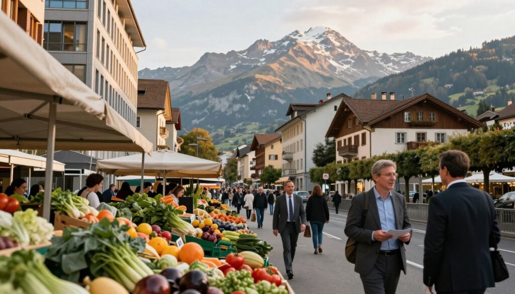 A picturesque Swiss cityscape depicting the balance between high living costs and purchasing power. In the foreground, a fruitful market stall overflowing with fresh produce, symbolizing the cost of living. In the middle ground, a busy street lined with modern high-rise buildings and charming traditional architecture, showcasing both the contemporary and classic aspects of Swiss life. In the background, the majestic Swiss Alps rise, bathed in warm, golden hour sunlight, casting a soft glow on the scene. The atmosphere is lively yet calm, with professionals in smart business attire engaging in friendly conversation. Use a wide-angle lens to capture a comprehensive view, emphasizing the contrast between urban life and the natural landscape. The image should evoke a sense of prosperity, stability, and the complexities of life in Switzerland.