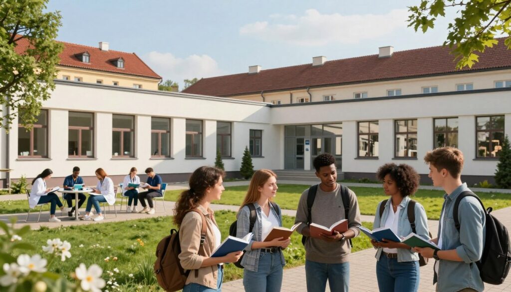 A picturesque university campus dedicated to veterinary studies in Poland, showcasing a modern educational facility surrounded by lush greenery and blooming flowers. In the foreground, a group of diverse students, including men and women of different ethnic backgrounds, are engaged in discussions while holding veterinary textbooks. The middle ground features a state-of-the-art veterinary clinic building with large windows and an outdoor study area where students are studying. In the background, traditional Polish architecture can be seen, creating a blend of history and modernity. Soft afternoon sunlight bathes the scene, creating a warm, inviting atmosphere, with clear skies overhead. The focus is on education, collaboration, and the vibrant environment of veterinary studies.