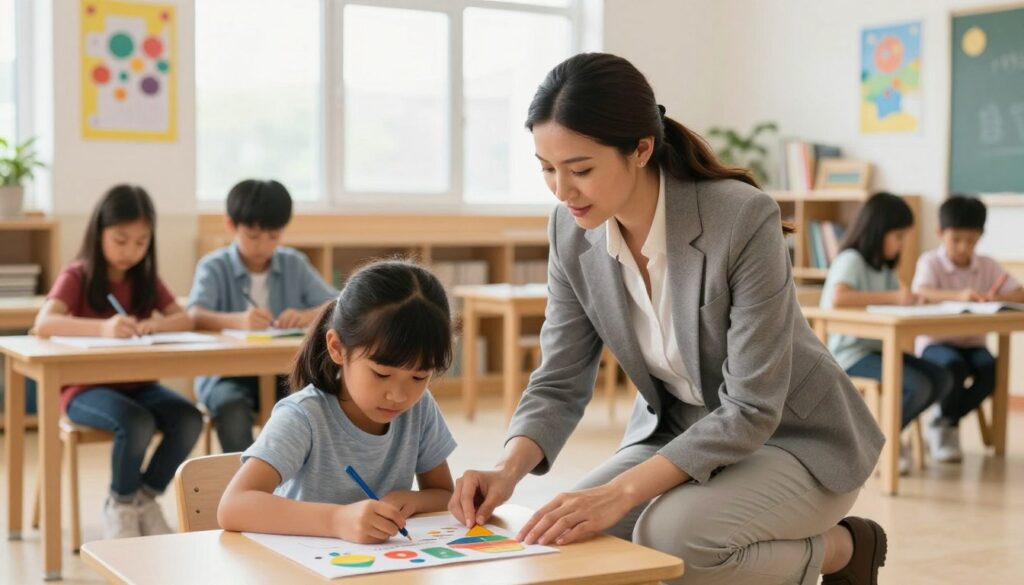 A professional and inspiring classroom scene depicting a special education teacher in a supportive role, collaborating with diverse students. In the foreground, the teacher, dressed in smart casual attire, kneels beside a young student who is working on a colorful learning activity. The middle ground features a warm, inviting classroom filled with educational posters and bookshelves, emphasizing a sense of creativity and support. The background shows a large window with soft, natural light streaming in, creating a bright and optimistic atmosphere. The image captures a moment of engagement and encouragement, highlighting the importance of educational qualifications and support roles. The overall mood should be uplifting and focused on growth, reflecting a nurturing learning environment.