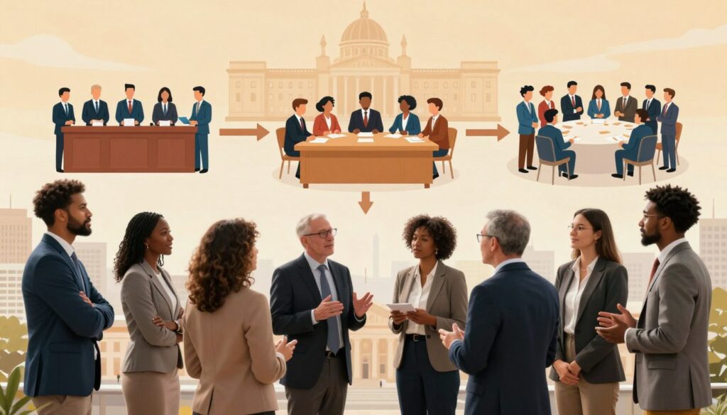 A professional and inspiring political scene showcasing various pathways to enter politics. In the foreground, a diverse group of individuals in professional business attire stands together, discussing ideas passionately. In the middle ground, symbolic representations of different political paths are illustrated: a party assembly, a community committee meeting, and a gathering of an independent association. In the background, a cityscape reveals a parliament building, symbolizing the ultimate goal of political aspiration. The lighting is warm and inviting, creating an atmosphere of optimism and collaboration. The angle captures the group's dynamic interaction while also highlighting the variety of opportunities in the political landscape. The overall mood is motivational, emphasizing unity and purpose in the journey of becoming a politician.