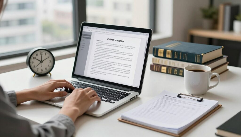 A professional and organized workspace, featuring a well-lit desk with an open laptop displaying legal documents and a notepad filled with notes on translation processes. In the foreground, a pair of hands are seen typing on the laptop. The middle layer includes a desk clock indicating deadlines, a pile of legal books, and a coffee mug for a touch of warmth. In the background, a large window allows natural light to flood in, with cityscape views to signify a busy environment. The atmosphere is one of focus and determination, embodying the seriousness of the certification process in a professional translation setting. Use soft, diffused lighting to enhance the mood and ensure a clean, inviting look. A professional and organized workspace, featuring a well-lit desk with an open laptop displaying legal documents and a notepad filled with notes on translation processes. In the foreground, a pair of hands are seen typing on the laptop. The middle layer includes a desk clock indicating deadlines, a pile of legal books, and a coffee mug for a touch of warmth. In the background, a large window allows natural light to flood in, with cityscape views to signify a busy environment. The atmosphere is one of focus and determination, embodying the seriousness of the certification process in a professional translation setting. Use soft, diffused lighting to enhance the mood and ensure a clean, inviting look.