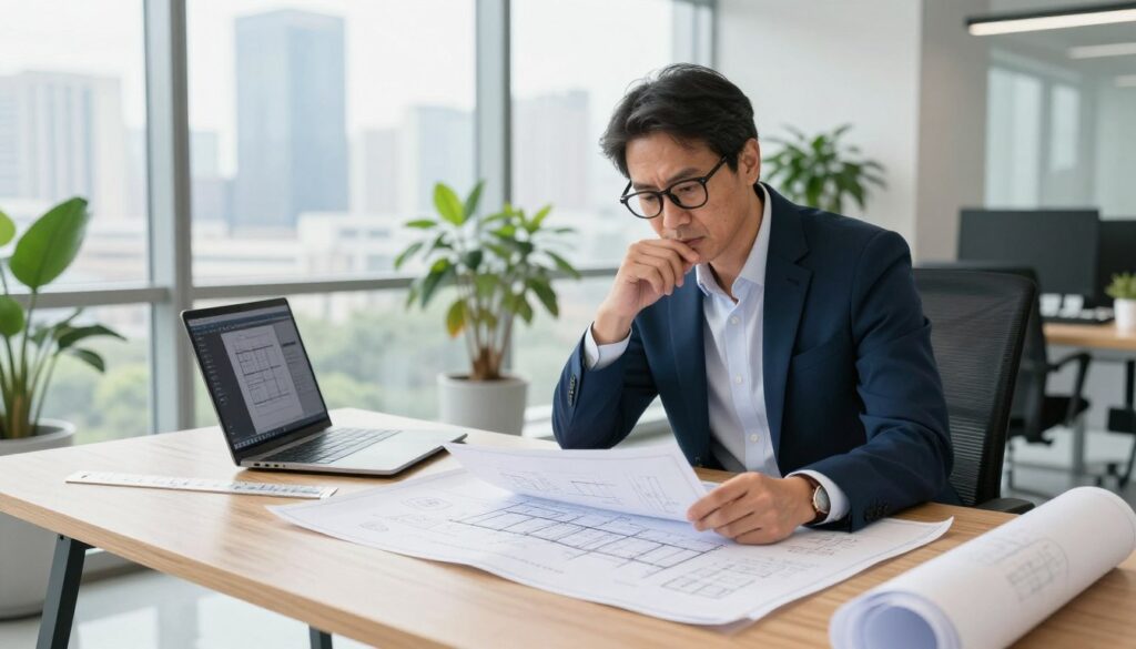 A professional architect in a modern office setting, displaying a thoughtful expression while reviewing architectural plans and blueprints spread across a sleek wooden desk. In the foreground, the architect is a middle-aged man wearing a smart navy suit and glasses, surrounded by tools like a scale ruler, a laptop, and design software open on the screen. The middle ground features large windows letting in bright, natural light, showcasing an urban skyline in the background. Interior plants add a touch of greenery, creating a calm atmosphere. The angle is slightly overhead, emphasizing the architect's engagement with his work while capturing the organized chaos of an architectural workspace. The overall mood is focused and inspirational, representing the profession's dedication and creativity.