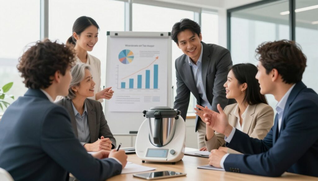 A professional business meeting in a modern office environment, highlighting the benefits of collaborating with Vorwerk. In the foreground, a diverse group of four people in business attire engaged in a lively discussion, showcasing enthusiasm and teamwork around a state-of-the-art Thermomix on the table. In the middle ground, a whiteboard displaying charts and graphs illustrating growth potential and earnings concepts, emphasizing the collaborative spirit. The background features large windows with natural light streaming in, creating an uplifting and optimistic atmosphere. Soft, warm lighting enhances the professional yet inviting mood, while a focal length that slightly blurs the background draws attention to the main subjects, encapsulating the idea of successful partnerships.