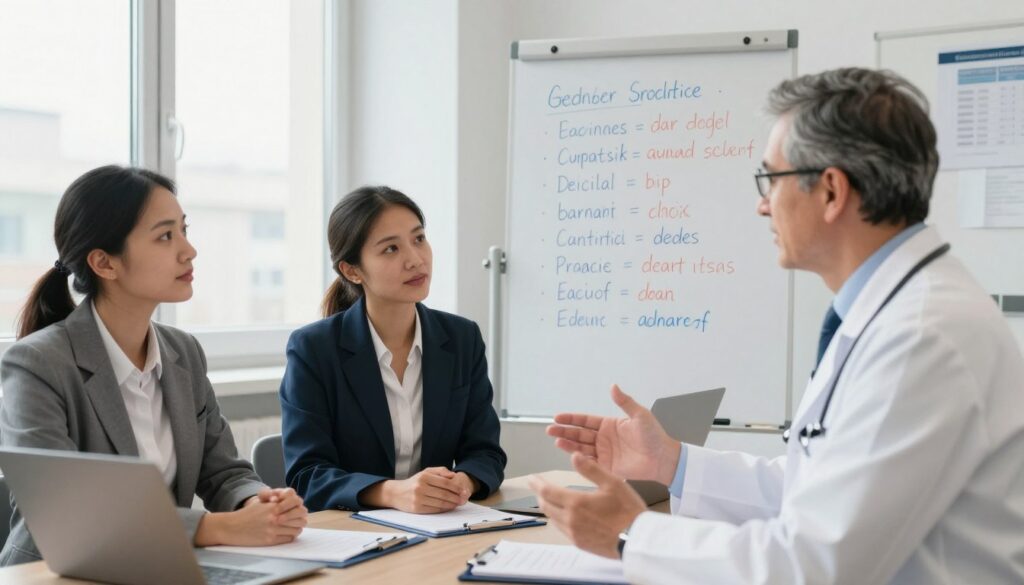 A professional business setting showcasing a diverse group of healthcare professionals engaged in a collaborative language training session. In the foreground, a middle-aged German-speaking doctor in a lab coat is explaining medical terminology to two attentive colleagues: a young French-speaking woman and a middle-aged Italian-speaking man, both dressed in professional attire. The middle ground features a whiteboard with multilingual medical terms related to employment in Switzerland. In the background, large windows allow soft, natural light to illuminate the room, enhancing the atmosphere of learning and teamwork. The setting conveys a sense of professionalism and cultural diversity, reflecting the importance of language proficiency in the medical field.