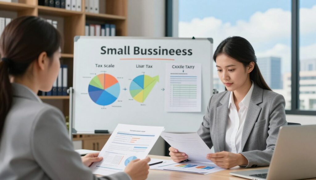 A professional business setting showcasing various taxation options for small businesses. In the foreground, a well-dressed businesswoman at a desk, analyzing documents with financial charts and tax forms. In the middle, a large whiteboard filled with colorful diagrams illustrating the three tax forms: tax scale, linear tax, and simplified income tax. In the background, shelves lined with business books and a window showing a cityscape with a clear blue sky, conveying a sense of opportunity and professionalism. Soft, natural lighting enhances the scene, while a slight focus blur on the background creates depth. The overall mood is informative, positive, and focused on business success. A professional business setting showcasing various taxation options for small businesses. In the foreground, a well-dressed businesswoman at a desk, analyzing documents with financial charts and tax forms. In the middle, a large whiteboard filled with colorful diagrams illustrating the three tax forms: tax scale, linear tax, and simplified income tax. In the background, shelves lined with business books and a window showing a cityscape with a clear blue sky, conveying a sense of opportunity and professionalism. Soft, natural lighting enhances the scene, while a slight focus blur on the background creates depth. The overall mood is informative, positive, and focused on business success.