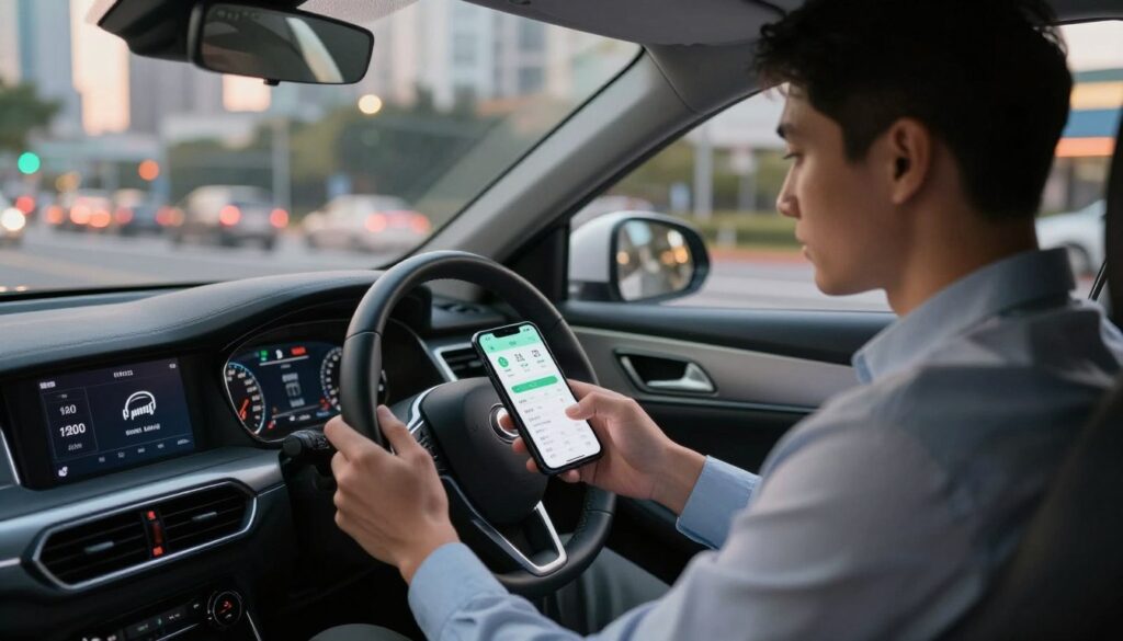 A professional driver sitting in a modern car, focused on their smartphone, analyzing earnings from a rideshare app. In the foreground, details include the driver's hands on the steering wheel and the phone screen displaying earnings statistics. The middle ground features the dashboard with clear, well-lit indicators and a cityscape view through the windshield. The background shows a bustling city, illuminated by soft evening lights, capturing the essence of urban ridesharing. The lighting is warm and inviting, creating an atmosphere of professionalism and determination. The driver is dressed in smart casual attire to convey a serious approach to their work, emphasizing their role in the gig economy without distractions or clutter in the image.