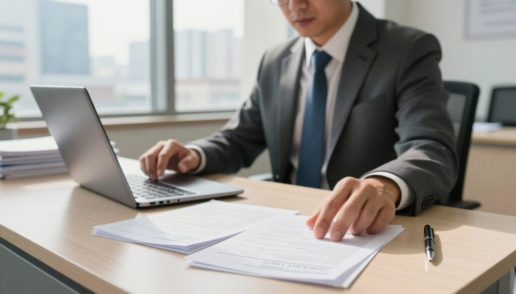 A professional electoral commissioner seated at a modern desk in a brightly lit office, with stacks of documents and a laptop open in front of him. He is dressed in a smart suit and tie, exuding authority and professionalism. In the foreground, a close-up of official election forms and a pen lies ready for signing. In the middle ground, the commissioner is engaged in a serious discussion, gesturing toward the paperwork. The background features a large window with a view of a bustling cityscape, symbolizing civic engagement. Soft, natural light streams in, creating a productive and focused atmosphere, with warm colors and a slight depth of field to highlight the commissioner and the paperwork.