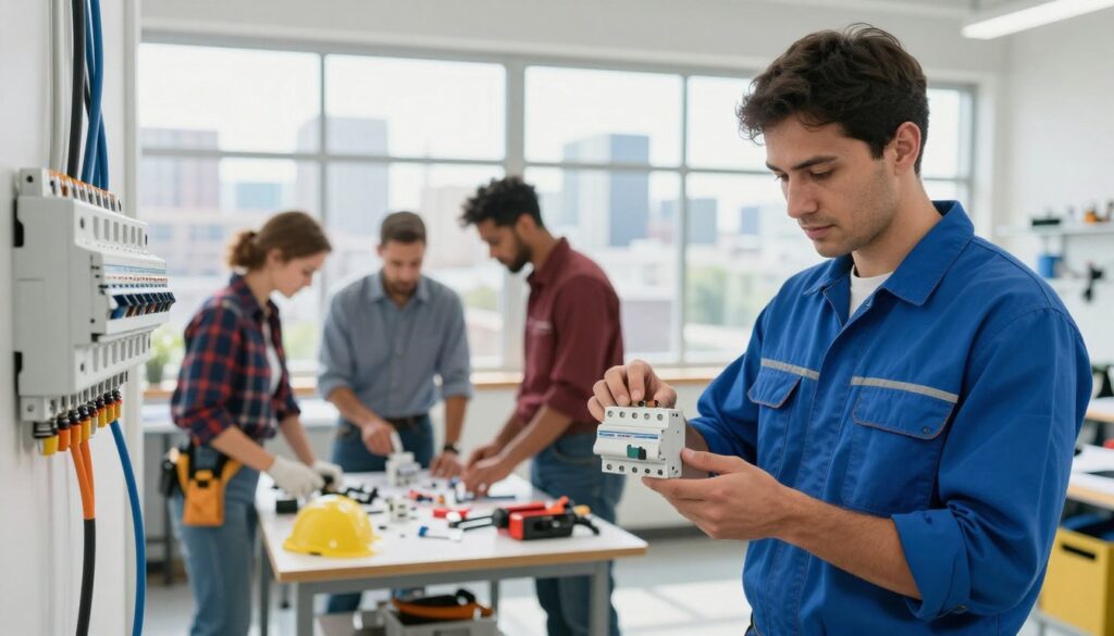 A professional electrician in a crisp blue work shirt and safety gear stands confidently in the foreground, examining a circuit breaker. In the middle ground, a diverse team of electricians collaborates on a project with tools and equipment spread around, showcasing teamwork and skill diversity. Bright, natural lighting floods through a large workshop window, emphasizing the meticulous detail of their work. In the background, a city skyline is faintly visible, symbolizing the impact of location on salaries. The atmosphere is energetic yet focused, capturing the essence of the electrical trade and the various factors influencing electrician wages, such as location, company, and qualifications. The image should be sharp and clear, taken from a slightly elevated angle to capture both the electricians and the setting effectively.