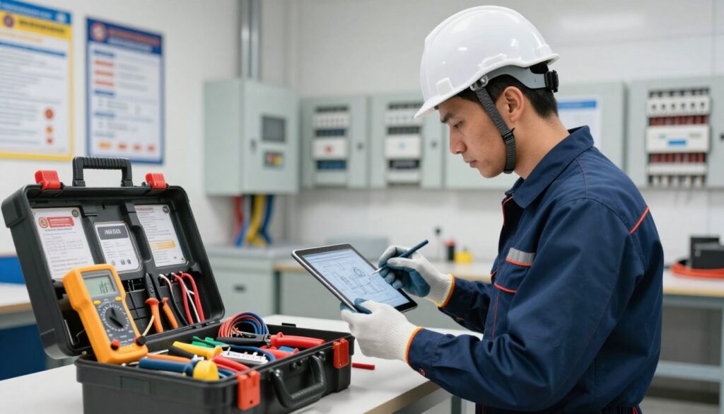 A professional electrician in a modern workshop setting, wearing a safety helmet and gloves, examines various tools and equipment related to electrical work. In the foreground, a neatly organized toolbox filled with multimeters, wire strippers, and electrical cables is visible. In the middle ground, the electrician is shown analyzing a technical schematic on a tablet, portraying concentration and expertise. The background features a bright and well-lit environment with walls filled with safety posters and an array of electrical panels. Soft, diffused lighting adds to the professional atmosphere, while the angle captures both the electrician's focus and the tools they use. The overall mood is one of diligence and industry, reflecting the skills and salaries associated with different experience levels in the electrical profession.